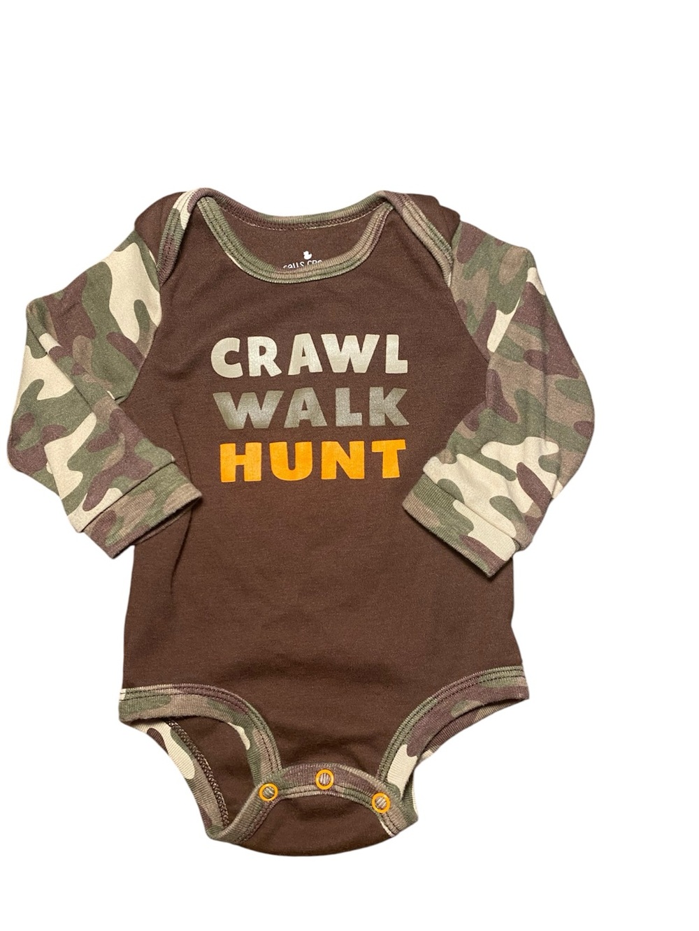 NWOT Crawl Walk Hunt Brown Camouflage Baby Bodysuit. Size 3-6 months